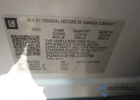 2020 Chevrolet Equinox Awd Lt 1.5L Turbo z USA, uszkodzony, nr VIN 2GNAXUEV0L6102798